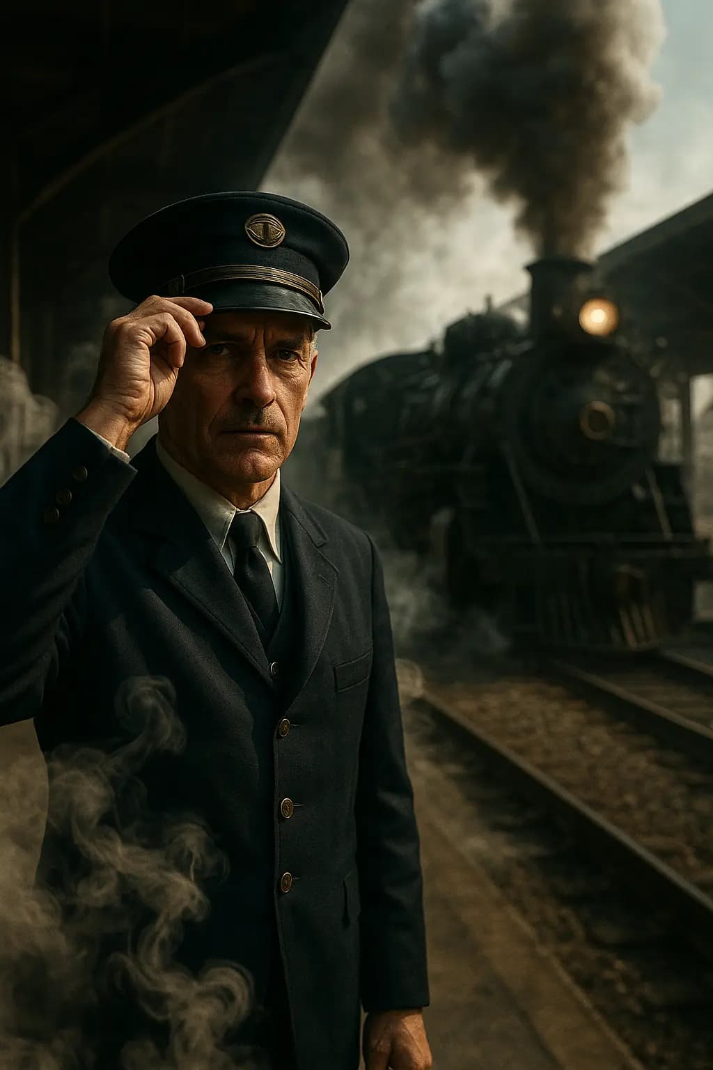 A stern train conductor in a dark uniform and cap, tipping his hat, with a smoking steam locomotive in the background at a train station.