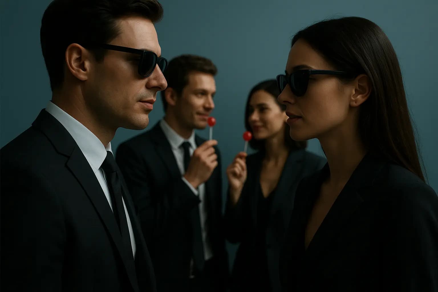 Four people in dark suits. A man and woman in the foreground wear sunglasses, facing each other. In the blurred background, another man and woman in suits smile, each holding a red lollipop.