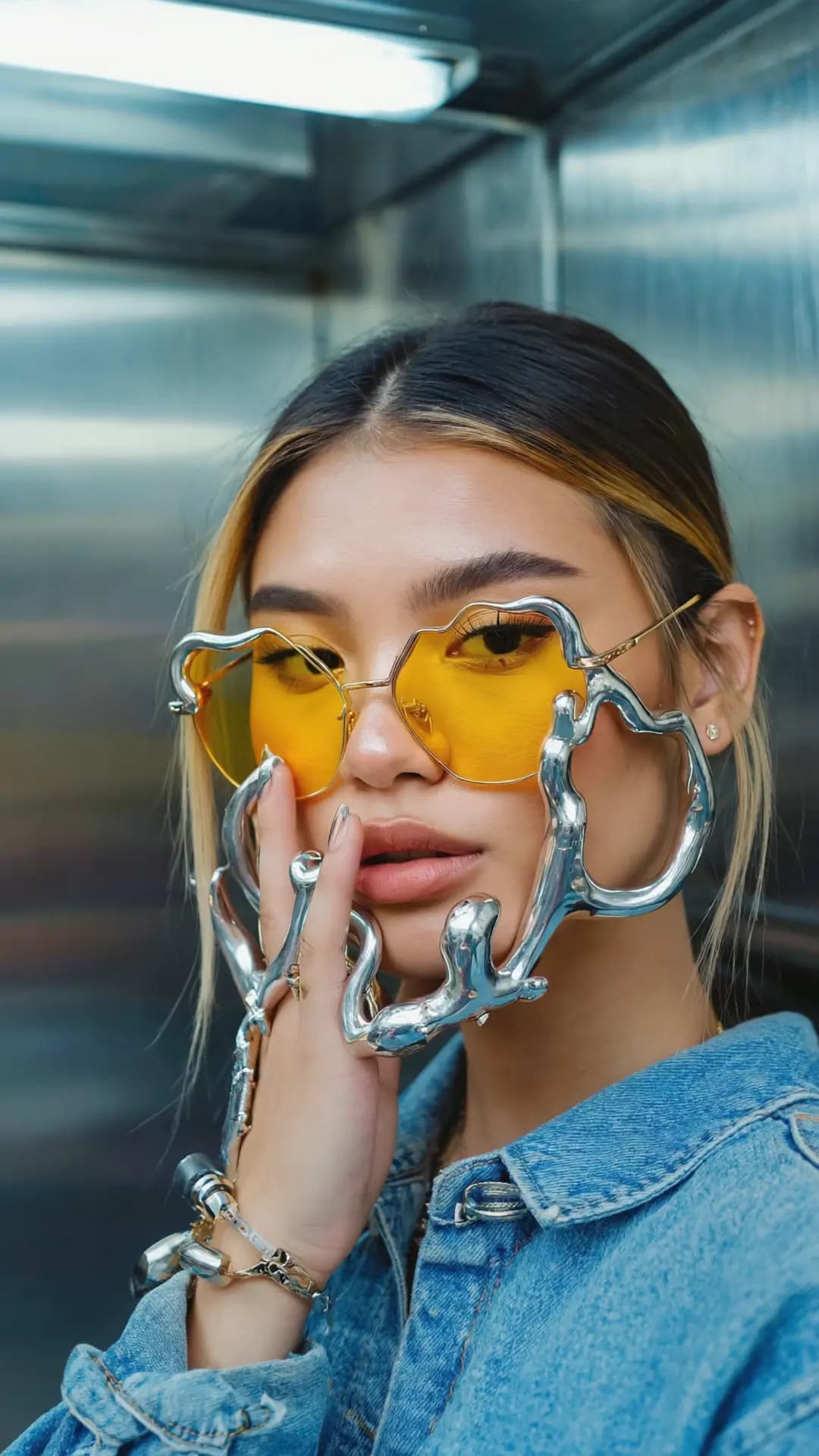 Close-up of a woman in a denim jacket, wearing large yellow-tinted sunglasses with unique wavy silver frames and intricate matching silver hand jewelry that covers her fingers.