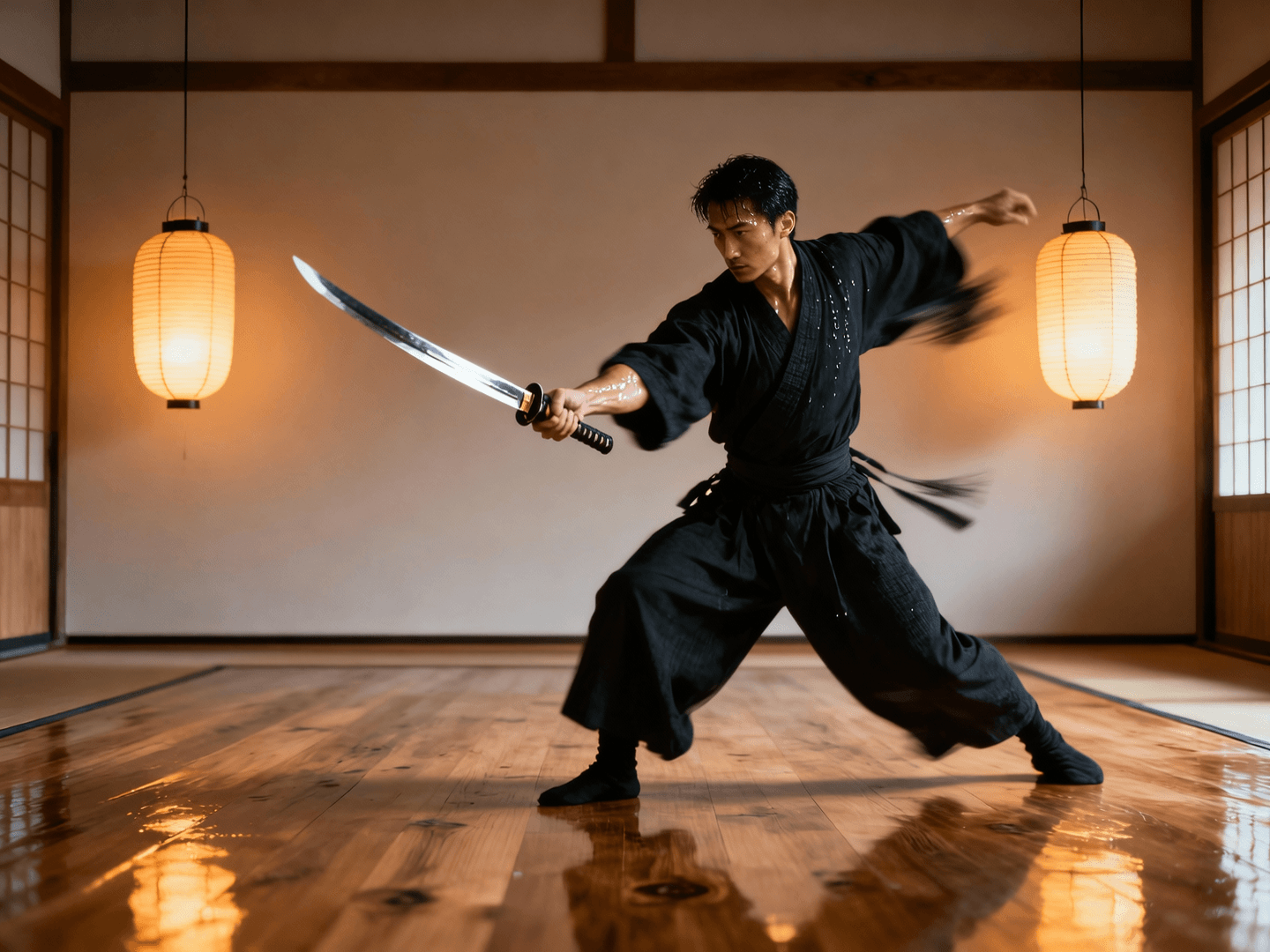 A man in a black martial arts uniform holds a shining katana in a dynamic stance on a reflective wooden floor in a traditional Japanese dojo with paper lanterns.