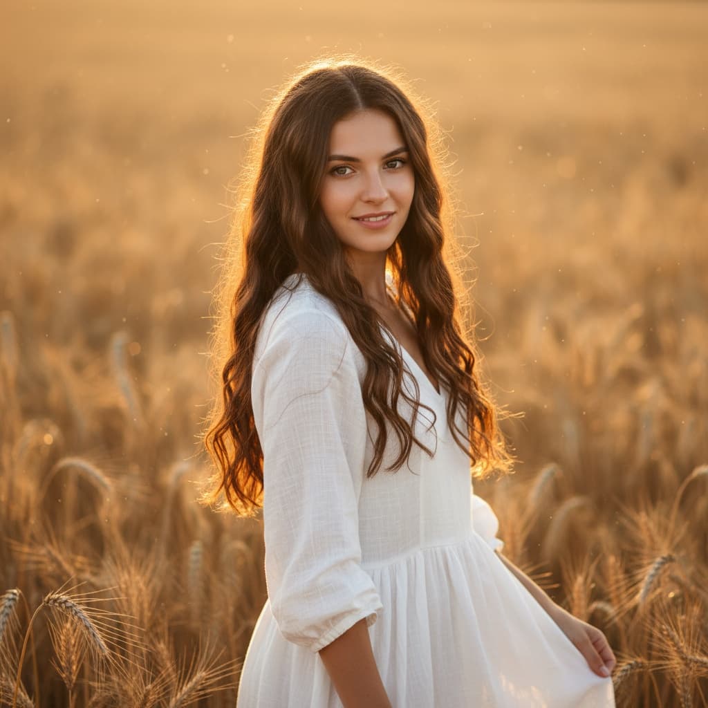 A young woman with long brown hair and a white dress smiles softly while standing in a sun-drenched golden wheat field during sunset.