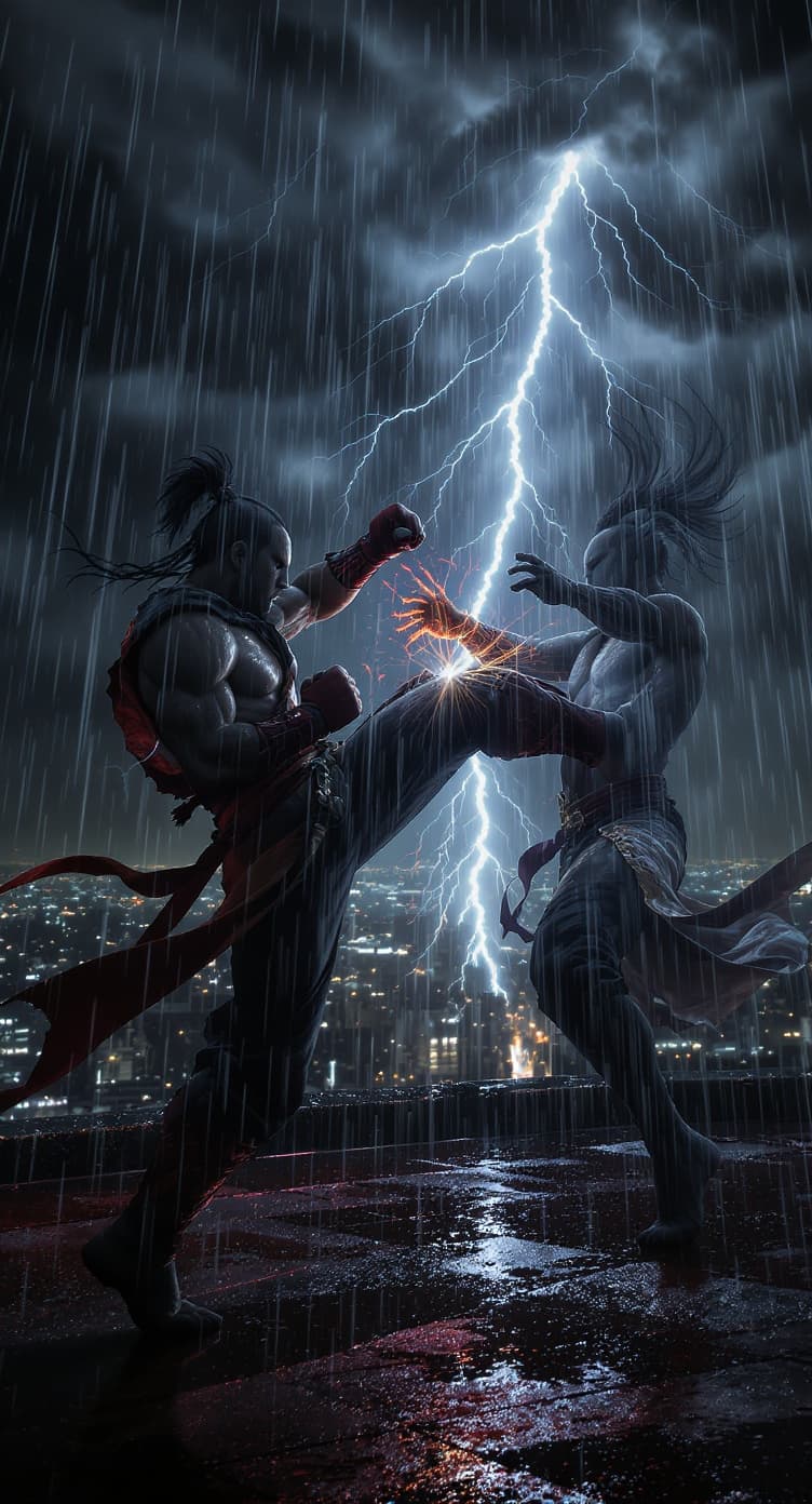 Two muscular martial arts fighters in a dynamic pose, one kicking the other, on a rainy rooftop at night with a bright lightning strike in the dark, cloudy sky over a city skyline.