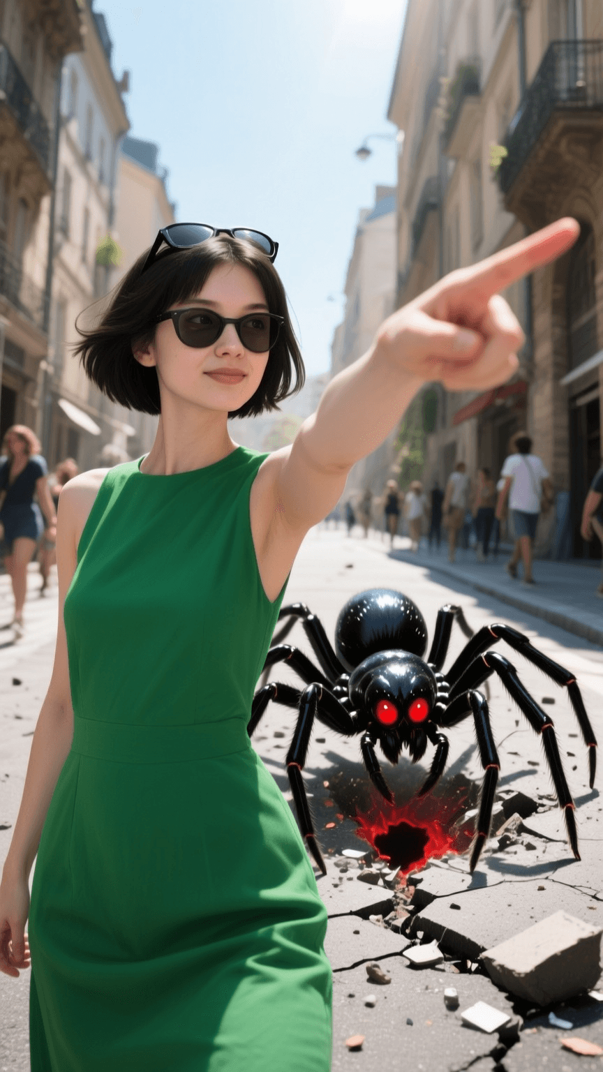 A woman in a green dress points as a giant black spider with red eyes emerges from cracked pavement on a city street.