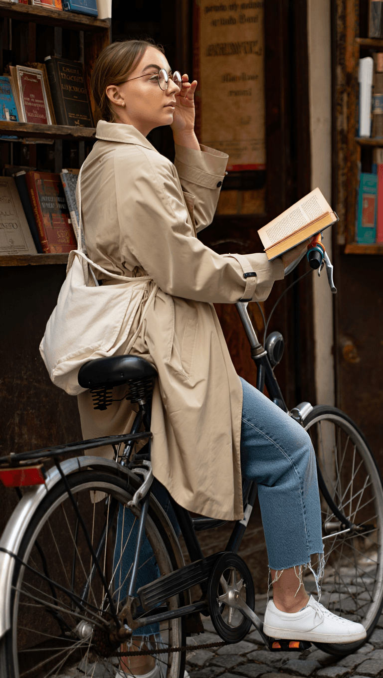 Young woman in a beige trench coat and round glasses, sitting on a vintage bicycle, holding an open book, with bookshelves in the background.