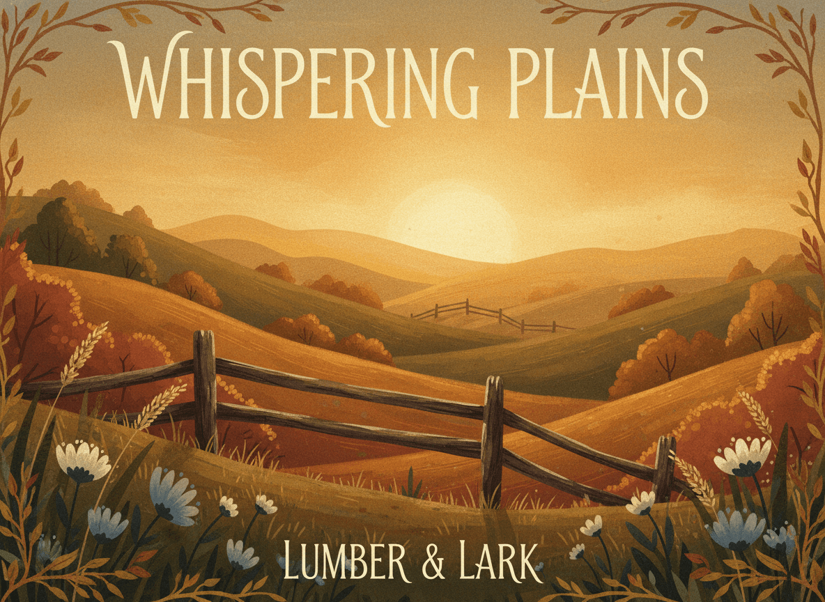 Digital illustration of a warm golden sunset over rolling hills with a wooden fence, wildflowers, and foliage, titled 'Whispering Plains' by Lumber & Lark.