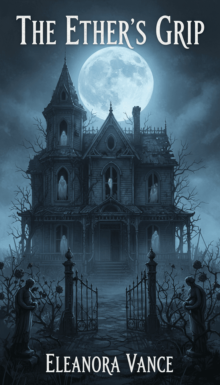 Book cover for 'The Ether's Grip' by Eleanora Vance, depicting a dark, haunted Victorian mansion with ghosts in the windows, silhouetted against a large full moon. The foreground features an ornate, open gate, dead trees, and thorny rose bushes with dark red flowers.
