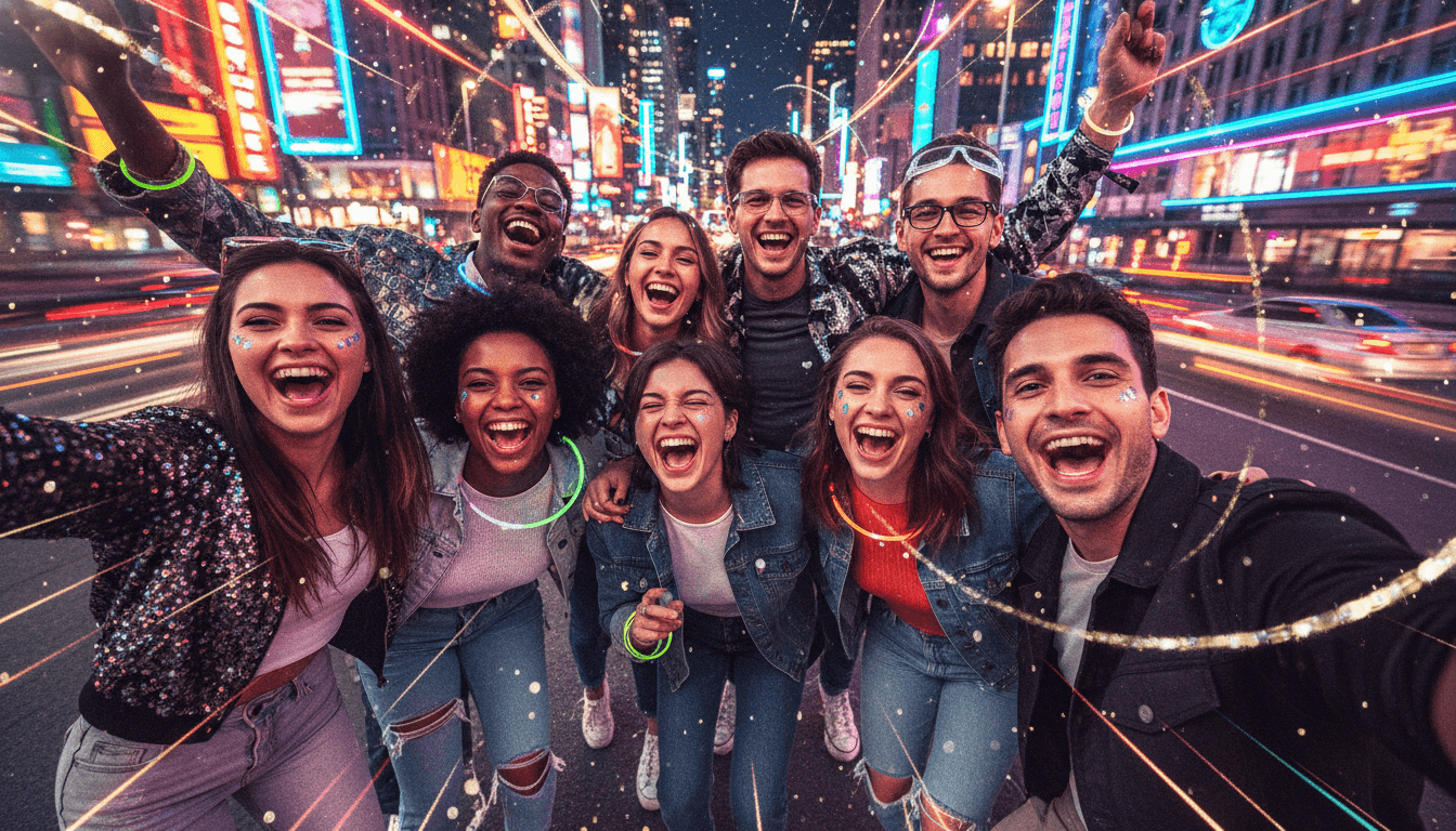 A diverse group of nine young people, smiling and laughing, taking a selfie on a city street at night. Neon signs and light trails from cars create a vibrant, blurred background. They wear glitter on their faces and glow-in-the-dark necklaces and bracelets.