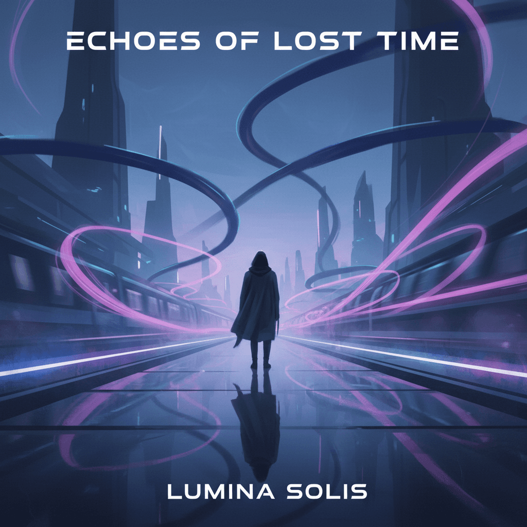 Album cover 'Echoes of Lost Time' by Lumina Solis, showing a cloaked figure walking away into a futuristic city with glowing purple and blue light trails and reflective ground.